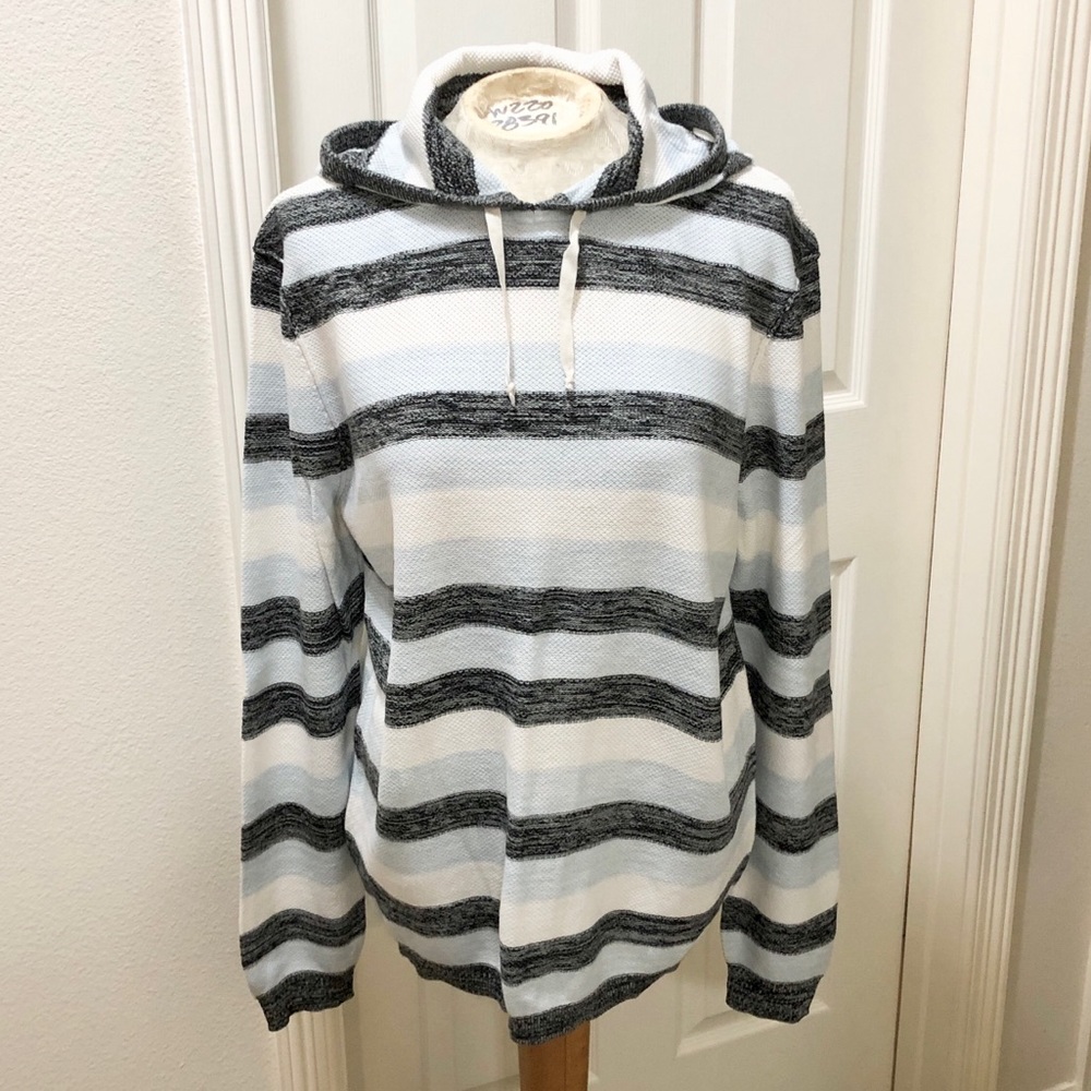 Gap Men’s Black/White/Blue Striped Lightweight Pullover Hoodie Sweater - M